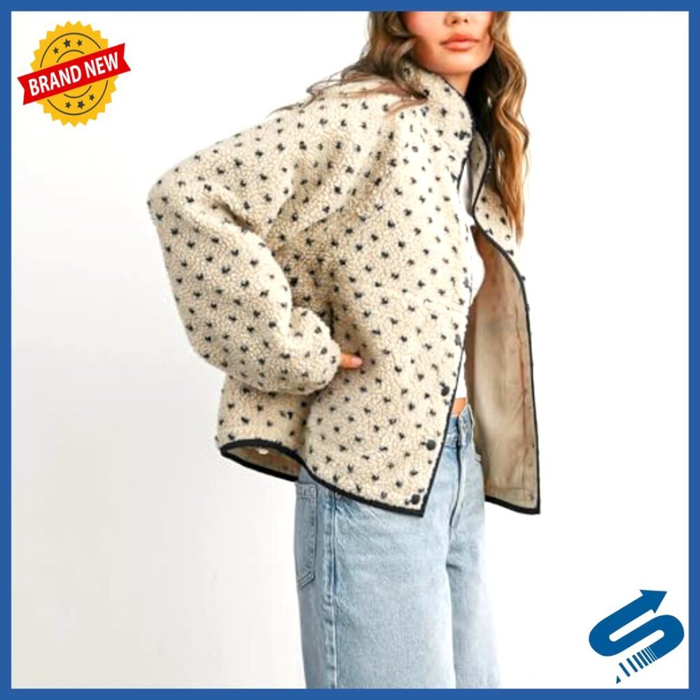 Slouchy Fleece Jacket Women Long Sleeve Button Down High Neck Polka Dot - Picture 4 of 7
